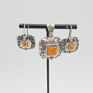 Vtg SILPADA Genuine Amber Earrings & Pendant Set 925 Sterling‎ Silver Scrollwork